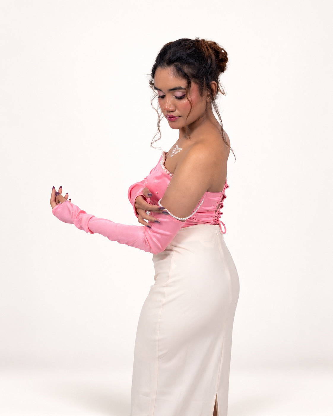 PEARL EMBELLISHED CORSET TOP WITH DETACHED SLEEVES