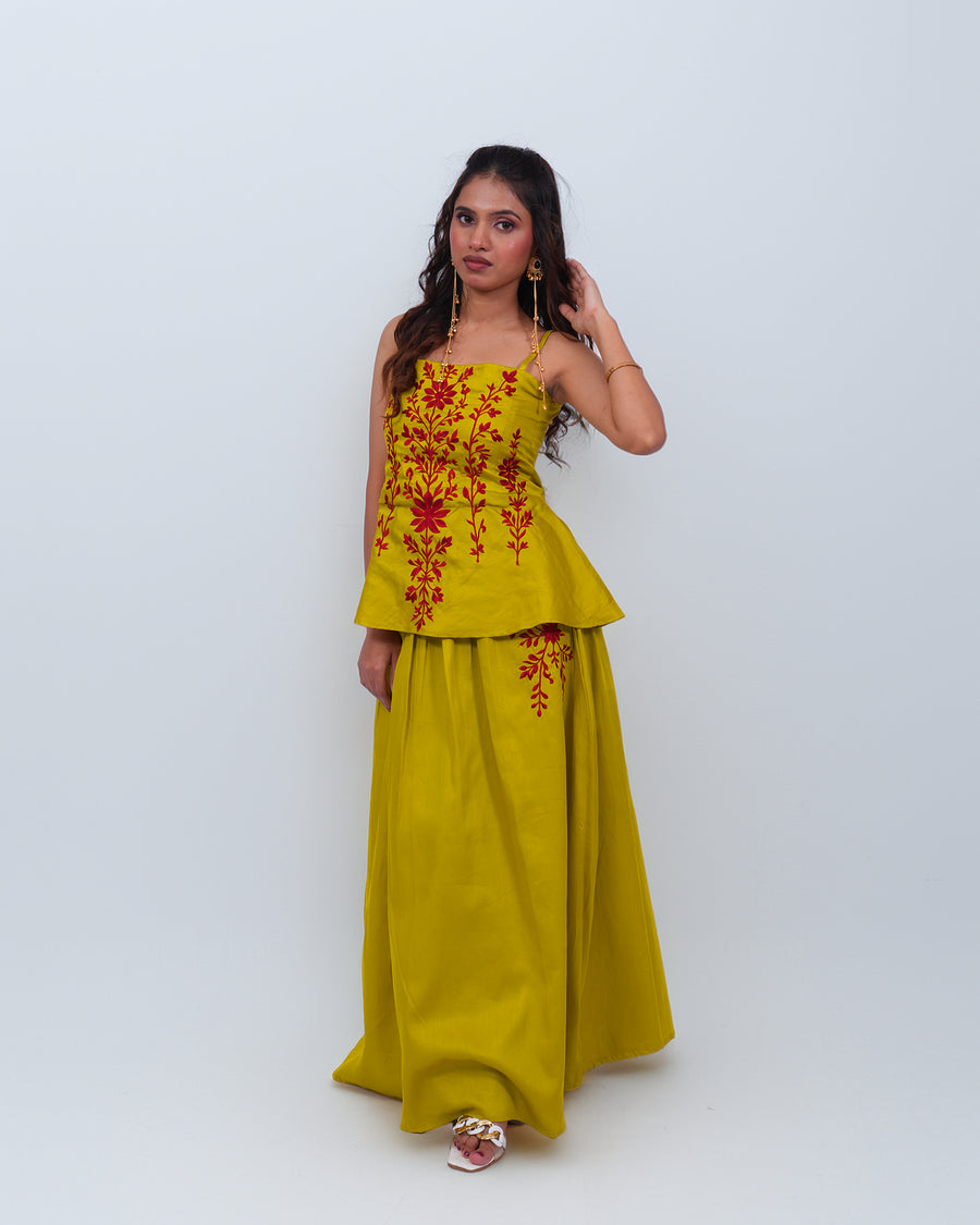 Aabha Mustard Bloom Embroidered Corset Set