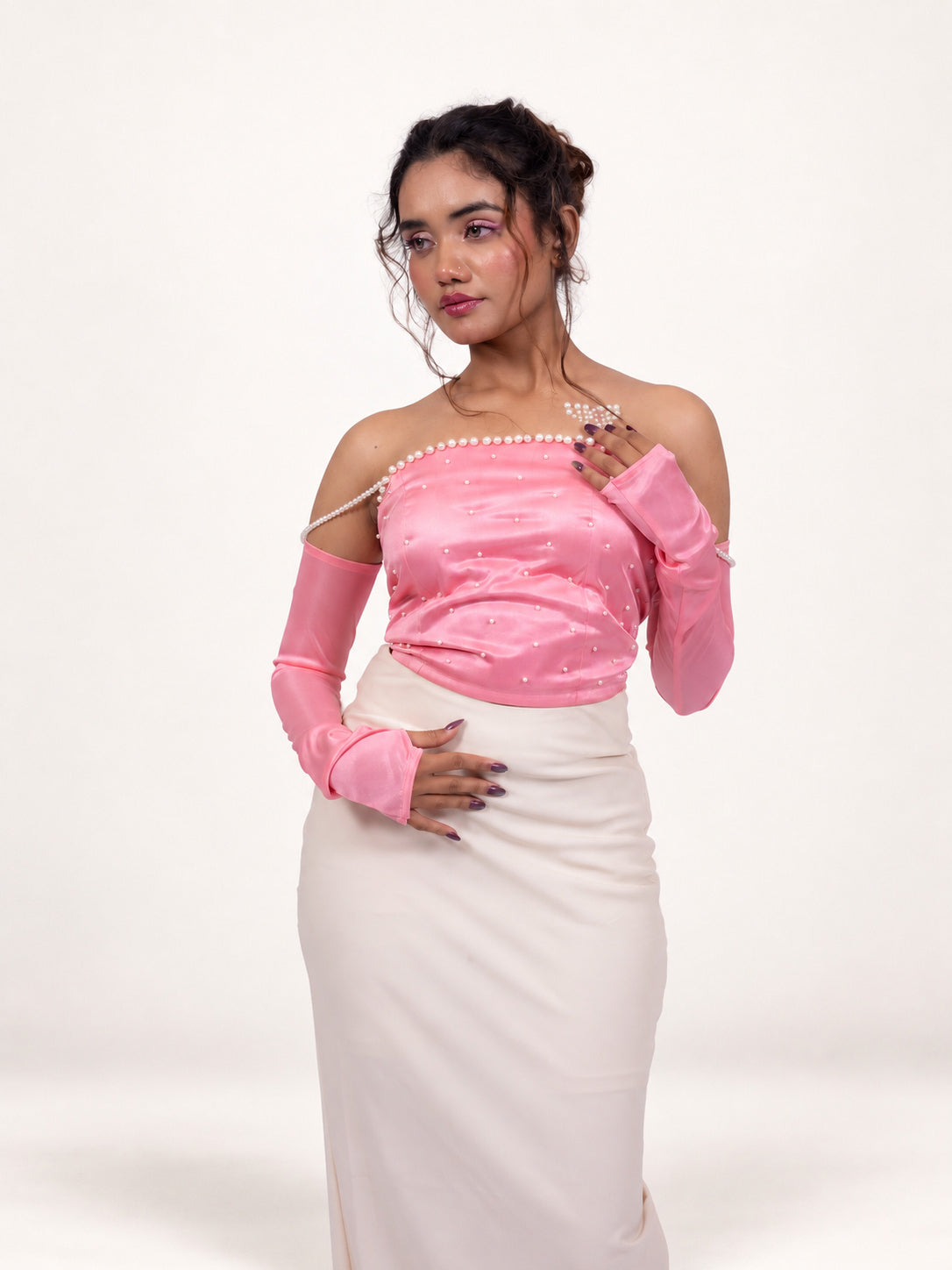 PEARL EMBELLISHED CORSET TOP WITH DETACHED SLEEVES