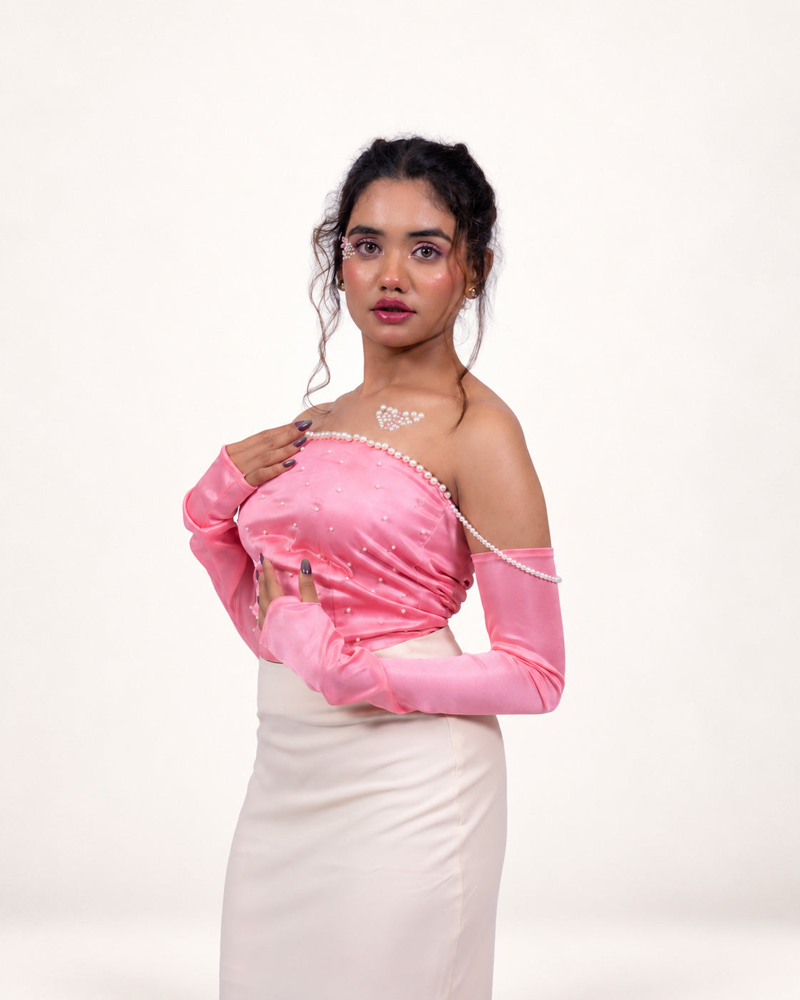 PEARL EMBELLISHED CORSET TOP WITH DETACHED SLEEVES