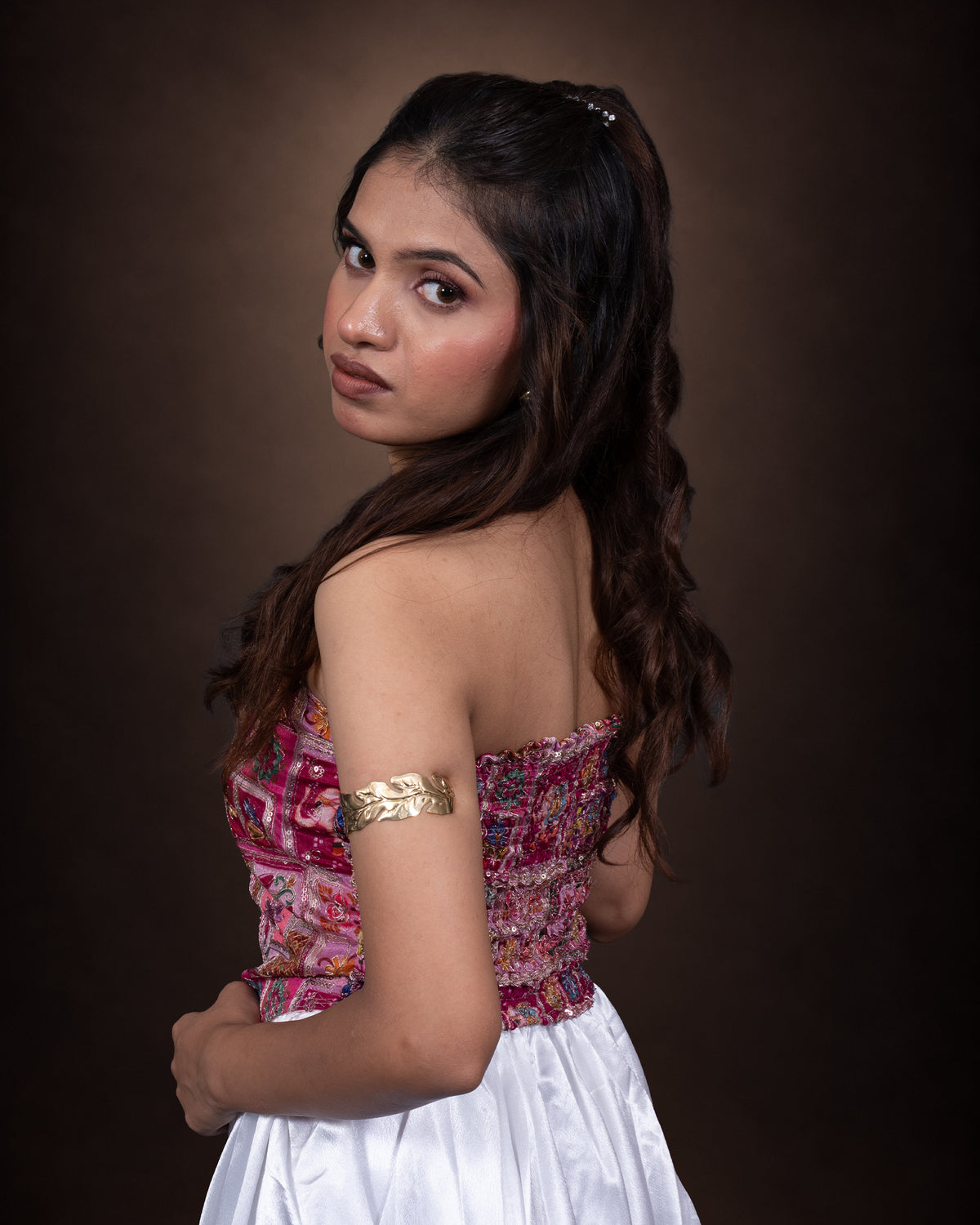 Strapless printed corset-style bustier top