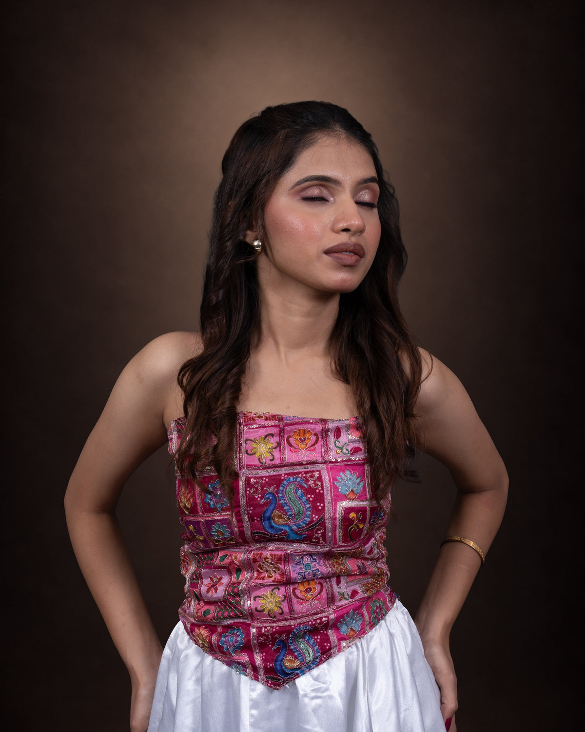 Strapless printed corset-style bustier top