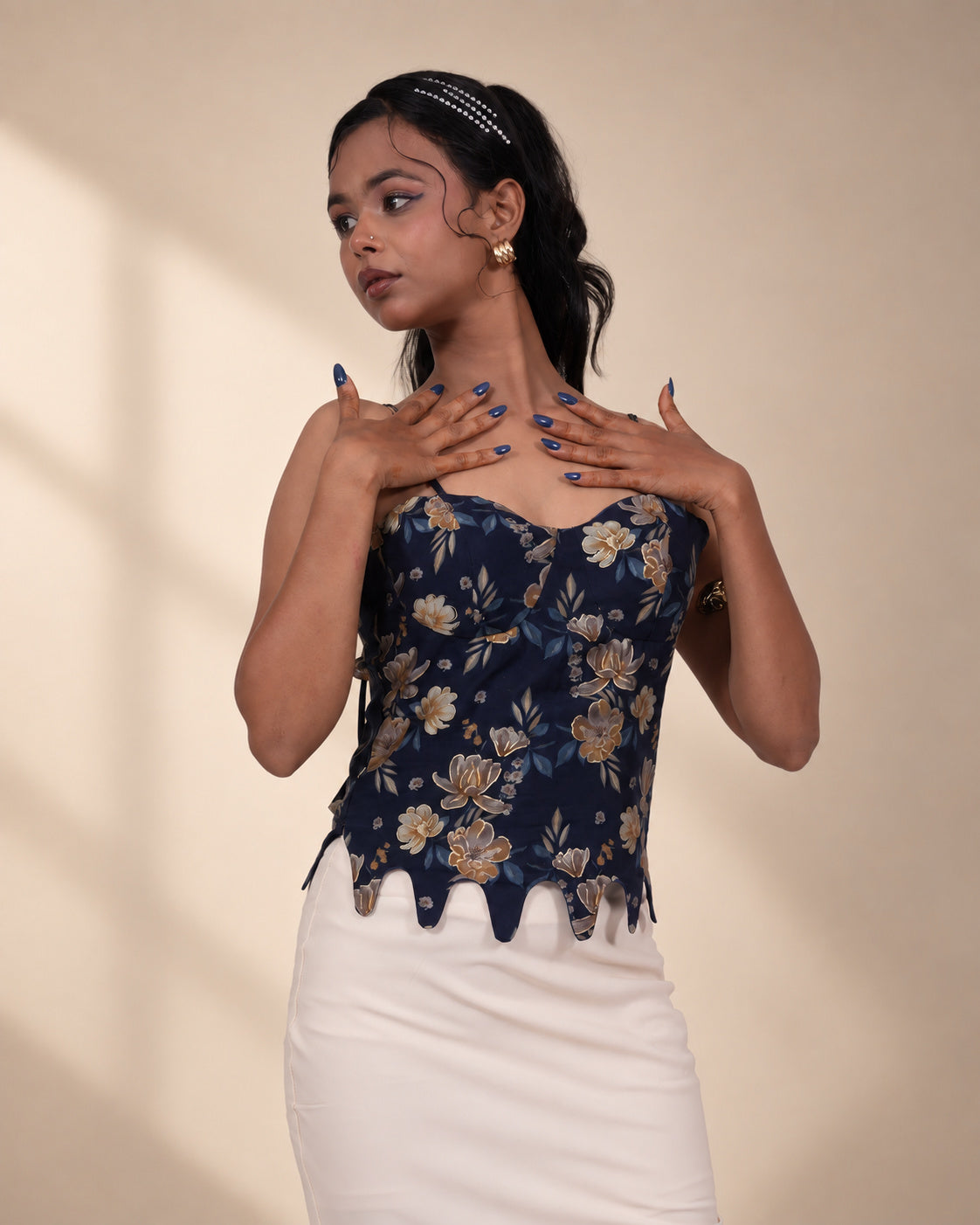 fitted navy floral corset top