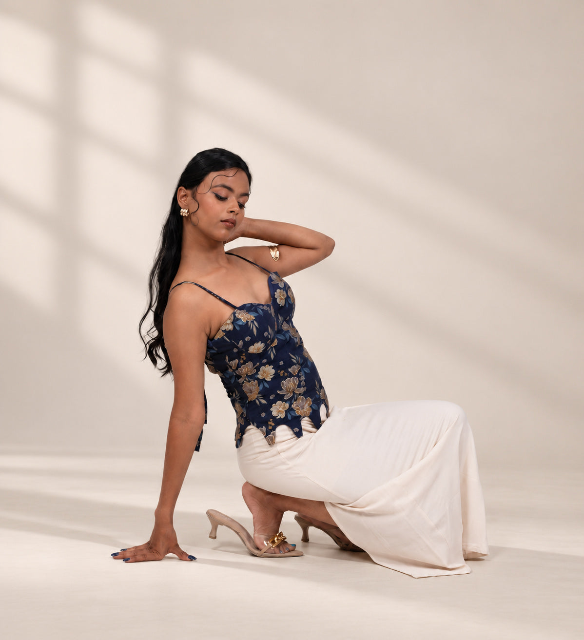 fitted navy floral corset top