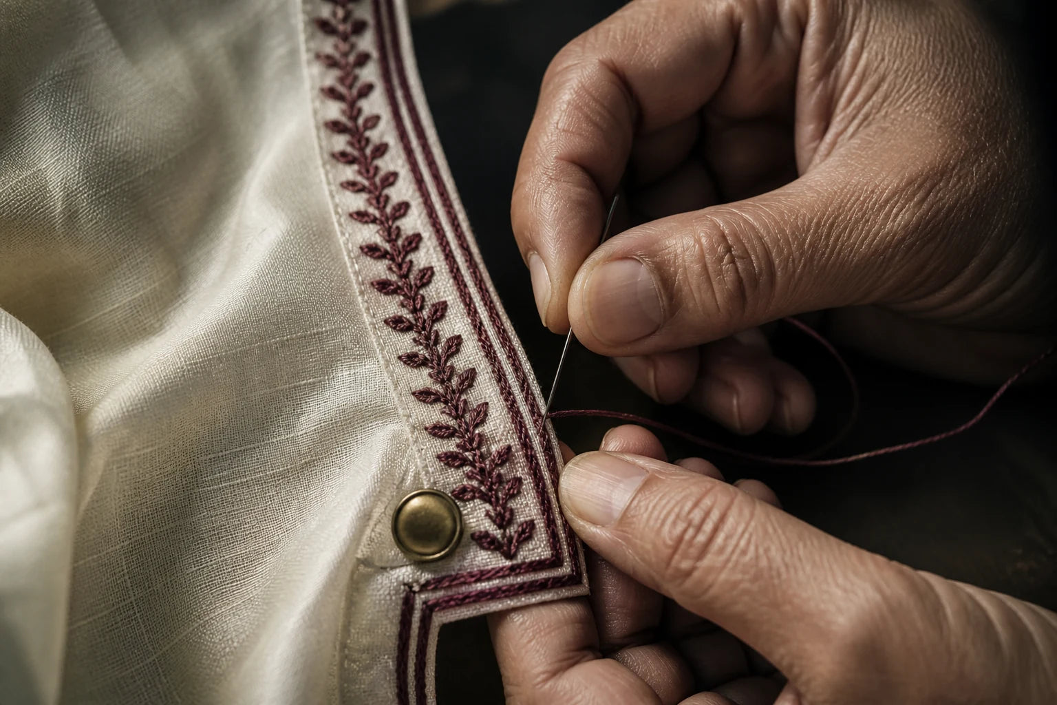 VEDEORA artisan hand-finishing burgundy embroidery