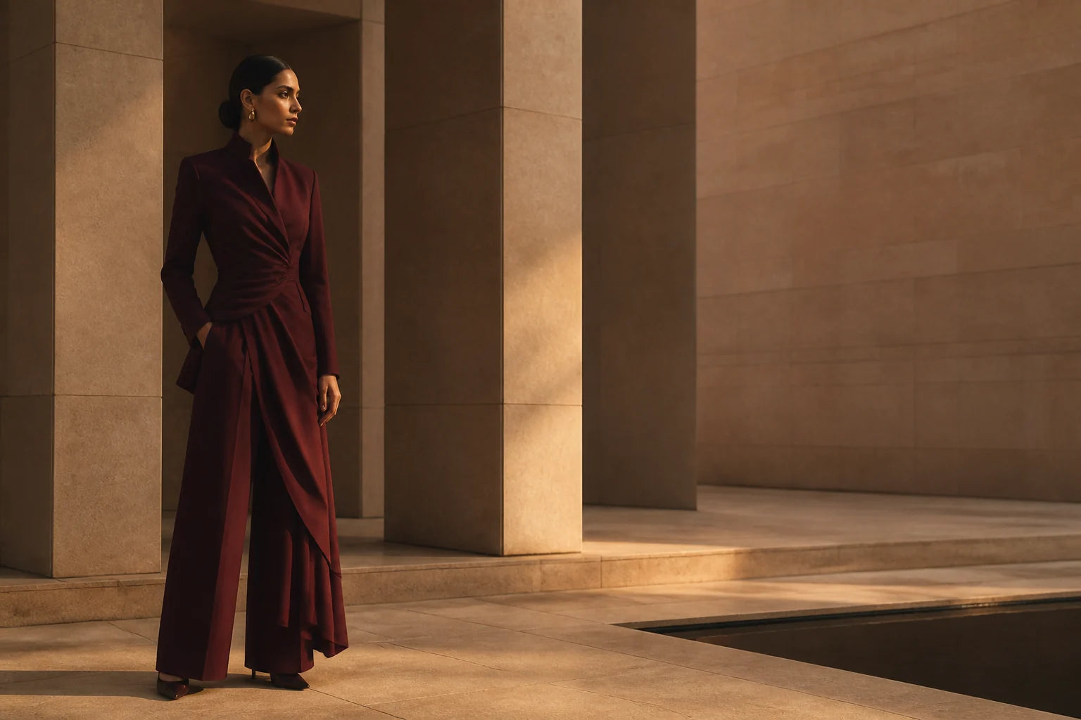 VEDEORA model in wine tailoring standing within sandstone architecture